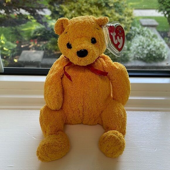 Poopsie the Yellow Bear with red ribbon Ty beanie baby 2001 7” tall mint condit - Picture 1 of 7
